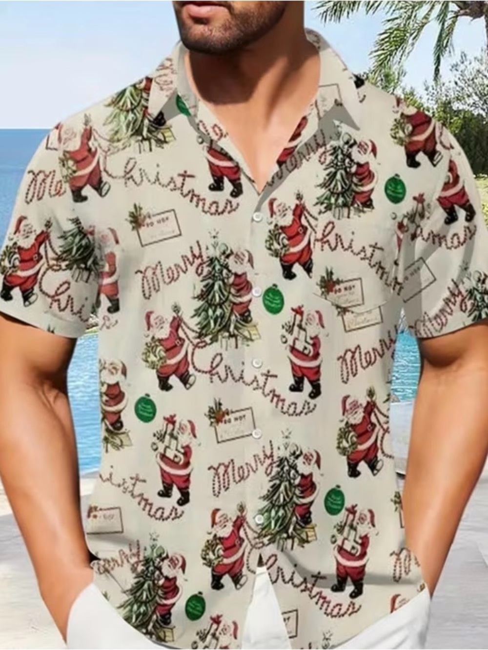 Men's Cream Colored Christmas Print Short Sleeve Shirt